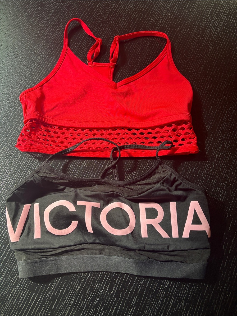 Victoria's Secret Black Sports Bra with Pink Logo + Red Mesh Bralette